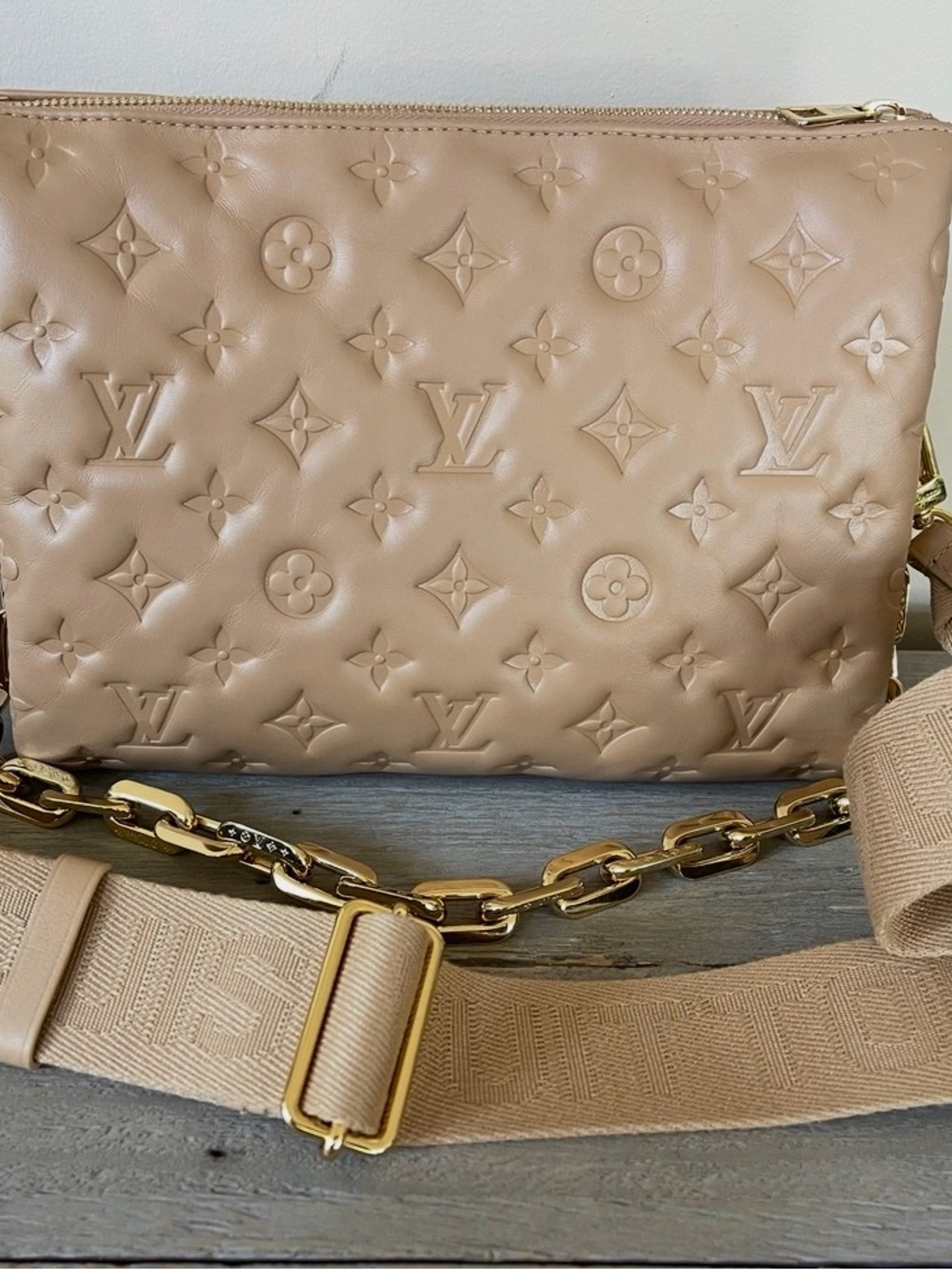 Louis Vuitton Nude Embossed Monogram Crossbody Bag with Gold Chain